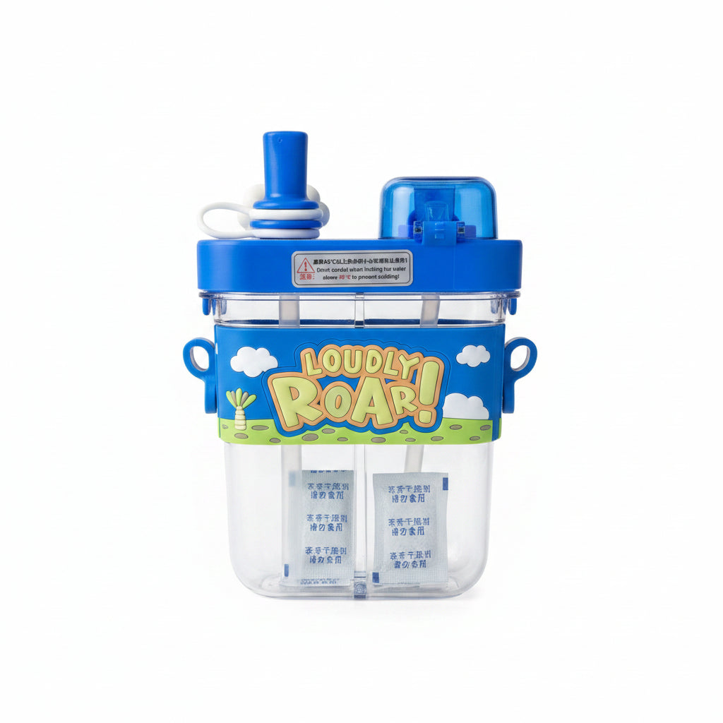 UPKTUPK 780ml Cartoon Split Warehouse Double Drink Cup - 2-in-1 Dual Compartment Water Bottle with Straw for Kids, School, and Travel - Blue