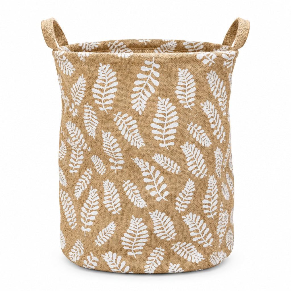 Brown Fern Leaf Print Storage Basket – Foldable Fabric Laundry and Toy Bin