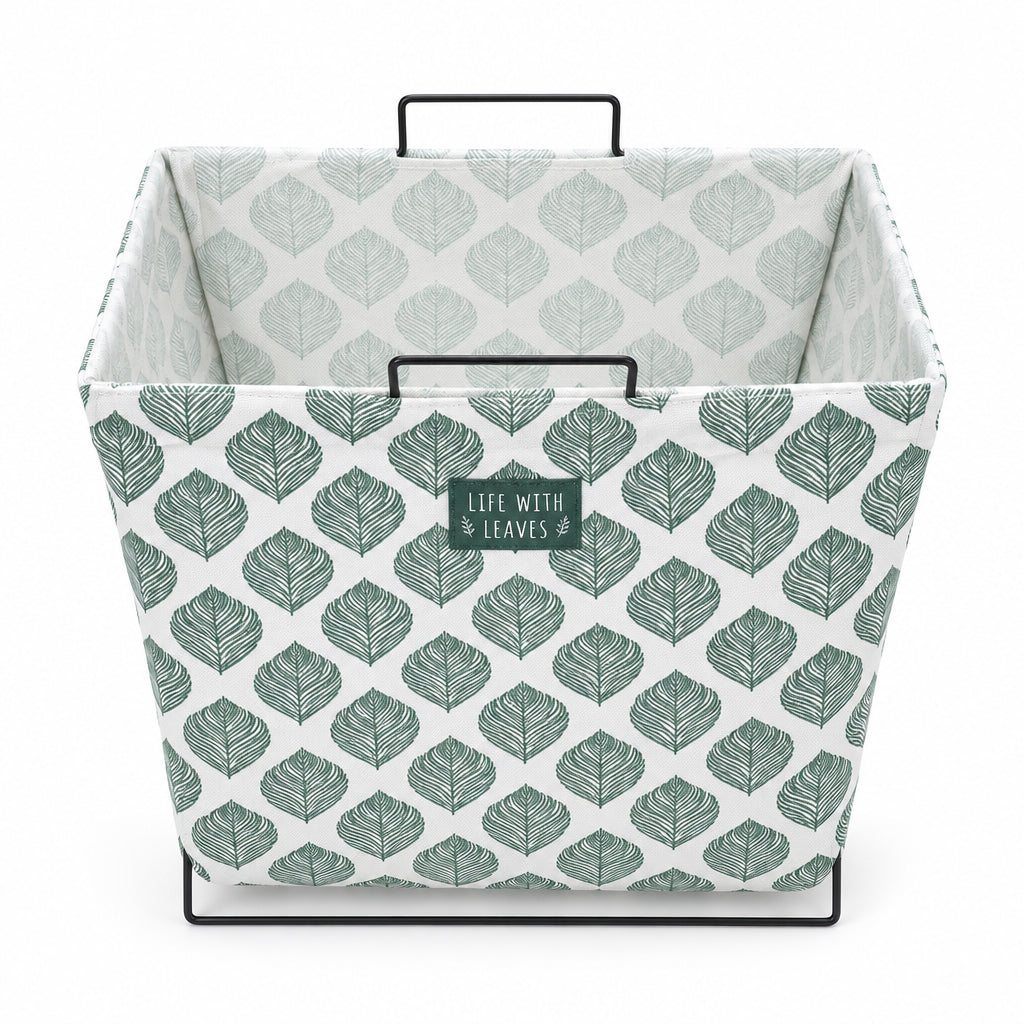 Green Leaf Print Laundry Hamper – Stand-Up Metal Frame Basket - medium