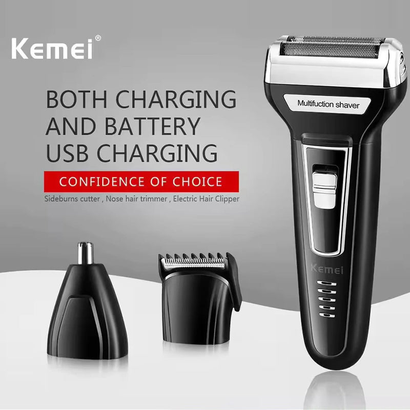 Kemei KM-6558 3-in-1 Professional Electric Hair Clipper & Grooming Kit - Multifunctional Shaver, Nose Trimmer, and Barber Head
