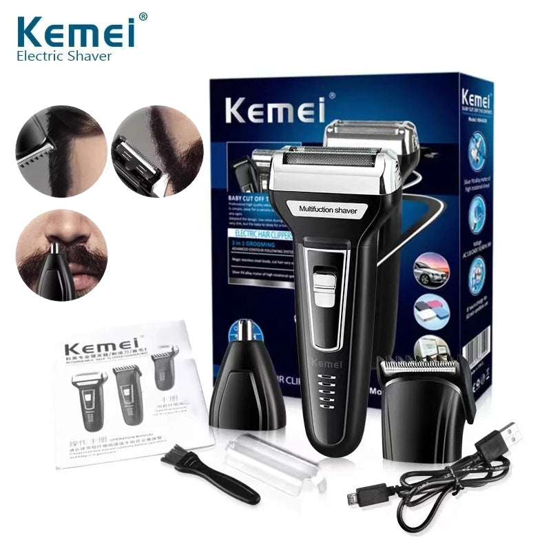 Kemei KM-6558 3-in-1 Professional Electric Hair Clipper & Grooming Kit - Multifunctional Shaver, Nose Trimmer, and Barber Head