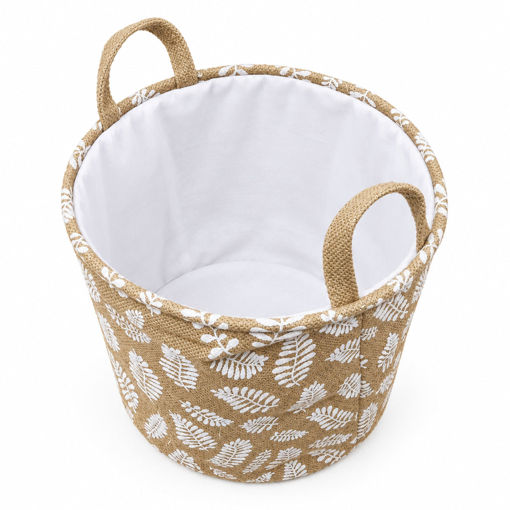 Brown Fern Leaf Print Storage Basket – Foldable Fabric Laundry and Toy Bin