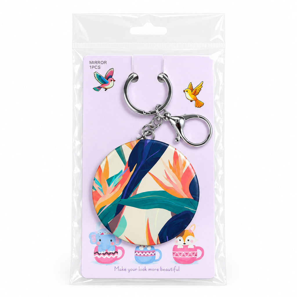 Round Tropical Floral Pocket Mirror Keychain – Compact Portable Makeup Mirror & Handbag Charm