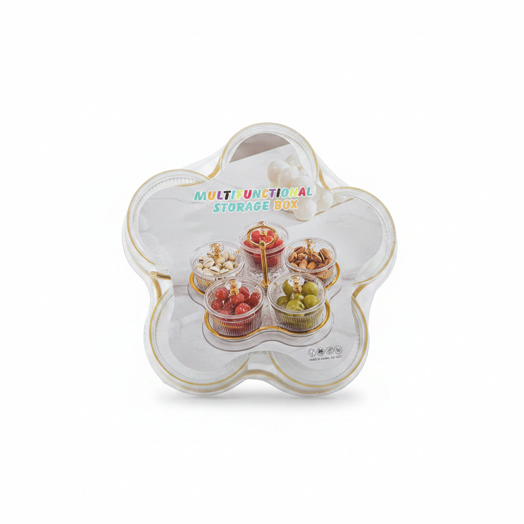 Multifunctional Flower-Shaped Storage Box. 5-Compartment Acrylic Serving Tray for Nuts, Candy, and Dried Fruits