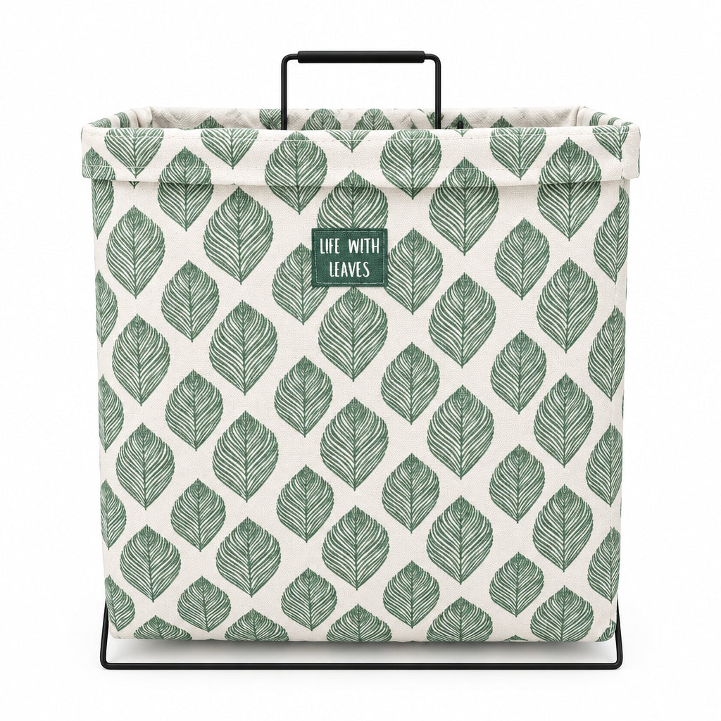 Green Leaf Print Laundry Hamper – Stand-Up Metal Frame Basket - medium