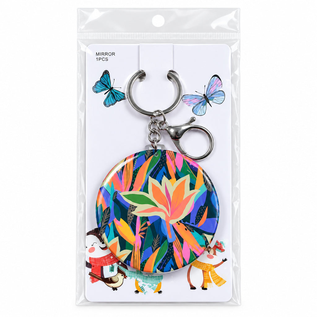 Round Tropical Floral Pocket Mirror Keychain – Compact Portable Makeup Mirror & Handbag Charm