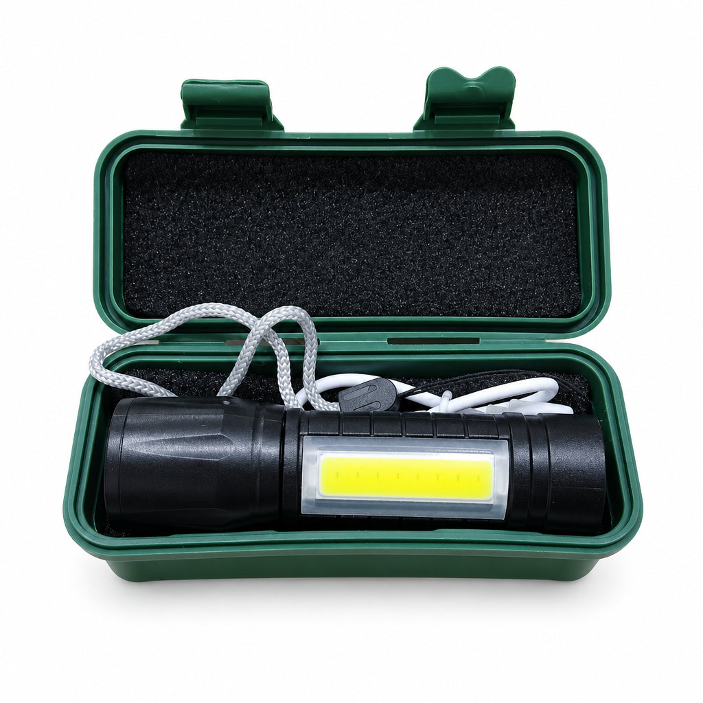 LED Mini Flashlight with Protective Storage Case – Rechargeable XPE and COB Light Set