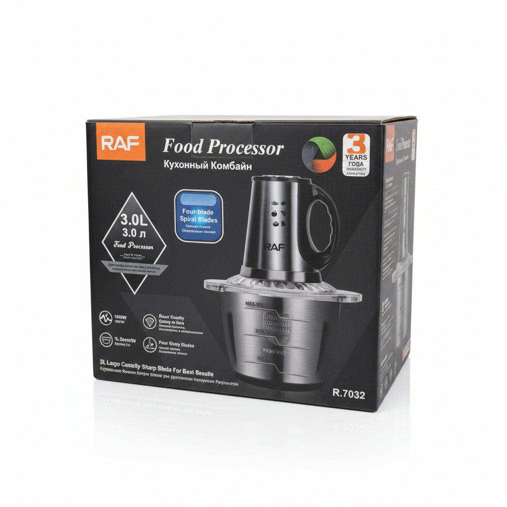 Food ProcesRAF R.7032 Electric Food Processor & Chopper. 3.0L Stainless Steel Bowl, 1000W Motor, & 4-Blade Spiral Systemsor