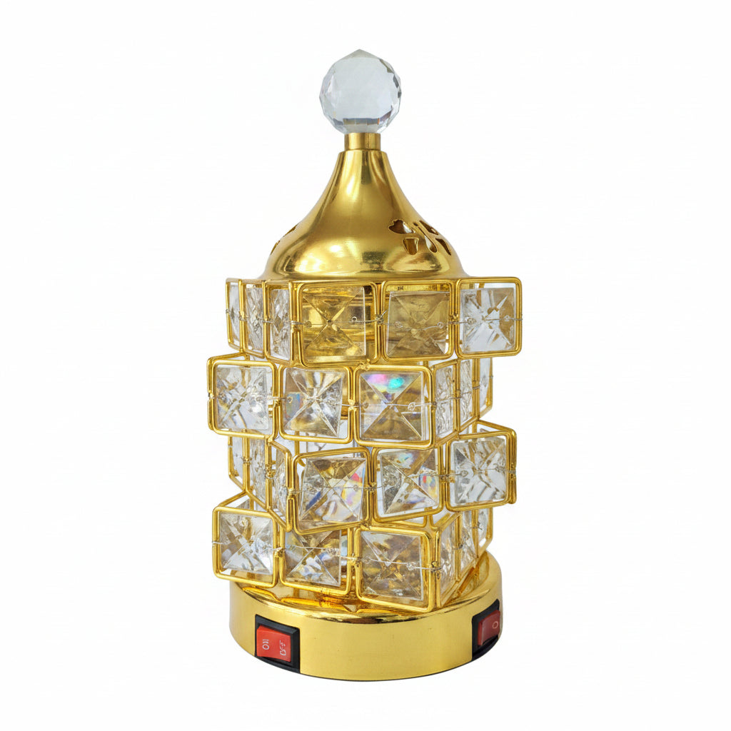 Luxury Crystal Electric Bakhoor Burner - Elegant Gold Metallic Oud Incense Burner with LED & Reflective Crystal Beads & Easy Power Switch for Home and Office Decor.