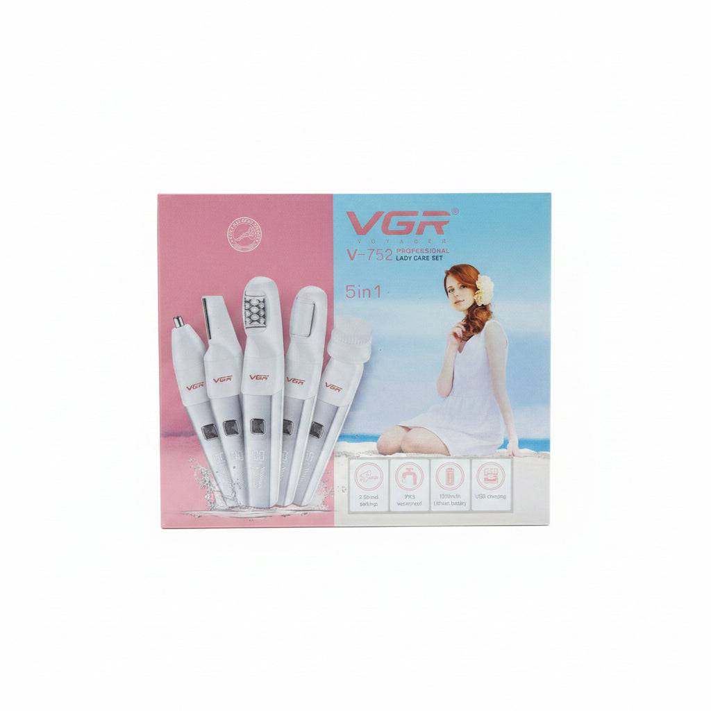 VGR V-752 5-in-1 Professional Lady Care Set - Waterproof Electric Epilator, Face Cleansing Brush, Eyebrow Trimmer & Callus Remover Charging Station