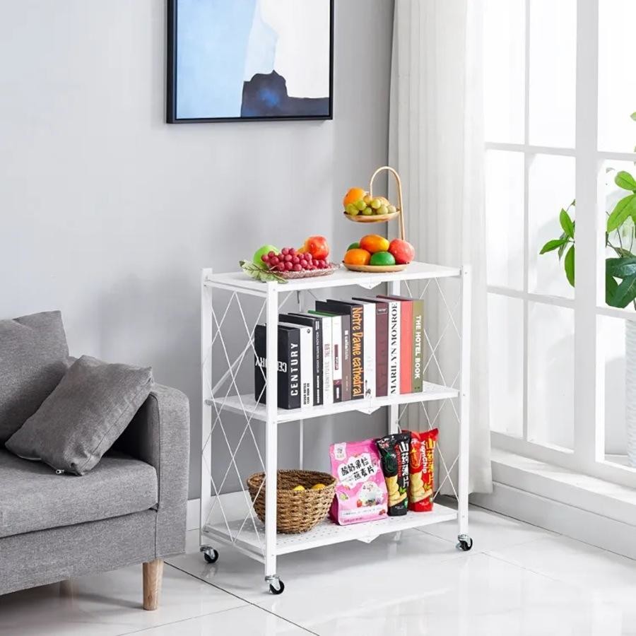 3-Tier Foldable Metal Rolling Storage Cart – White Shelving Unit