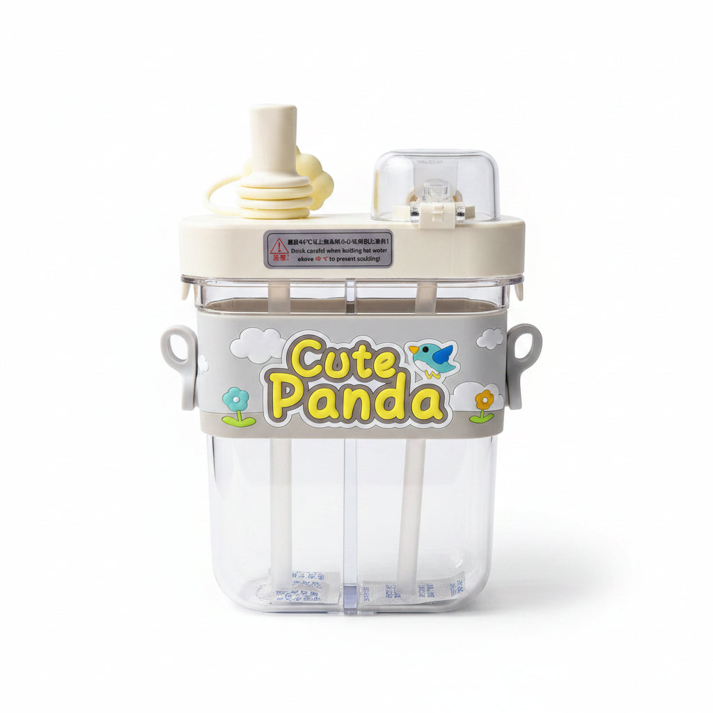 UPKTUPK 780ml Cartoon Split Warehouse Double Drink Cup - 2-in-1 Dual Compartment Water Bottle with Straw for Kids, School, and Travel - White