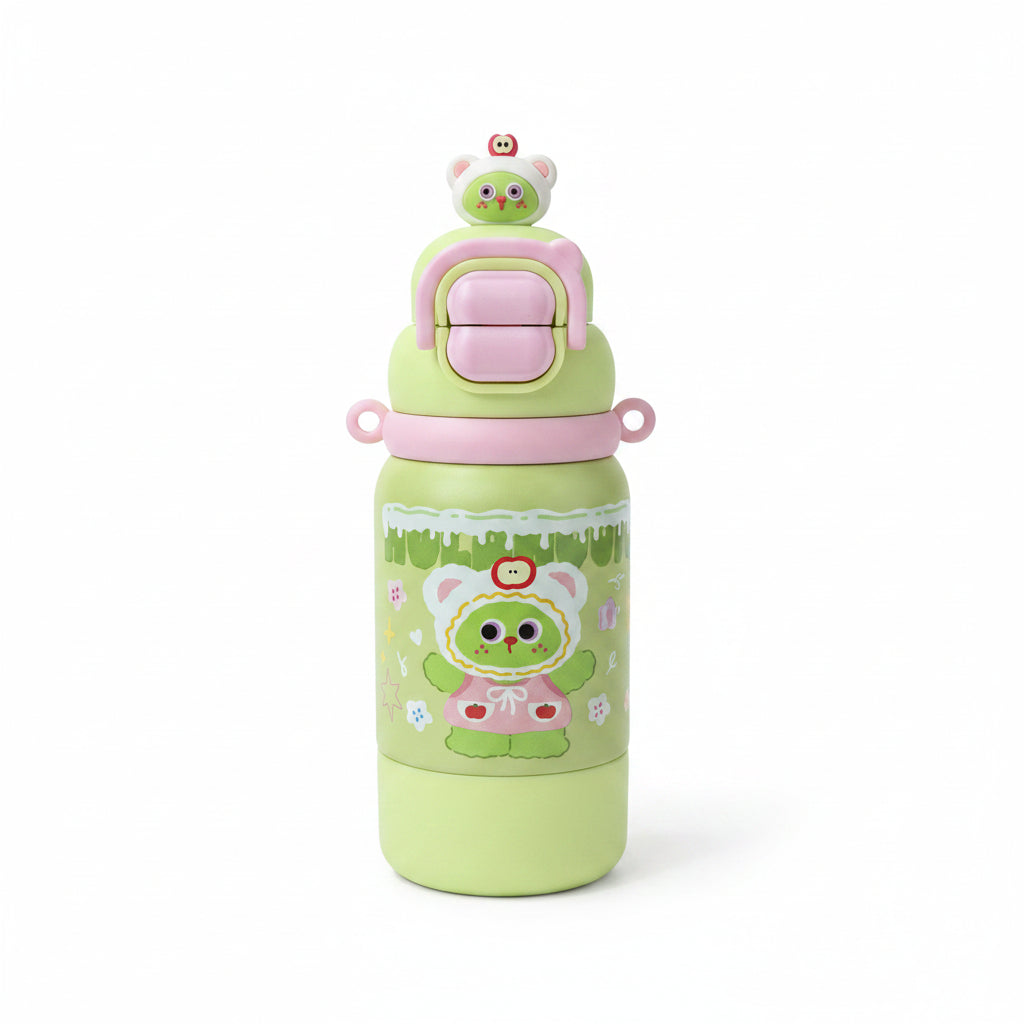 Cartoon Stainless Steel Kids Water Bottle with Built-in Cup 500ml - Green