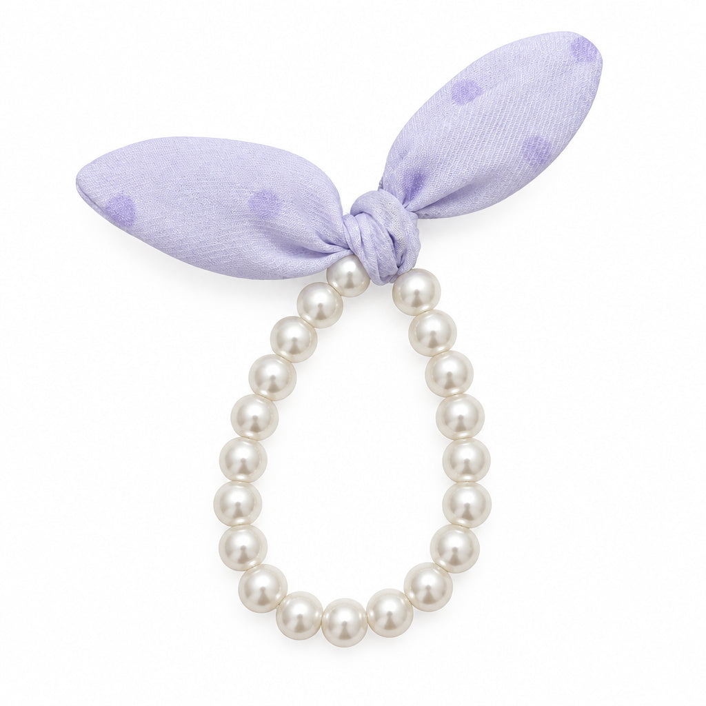 Faux Pearl Beaded Hair Tie with Fabric Bow – Elegant Bunny Ear Scrunchie