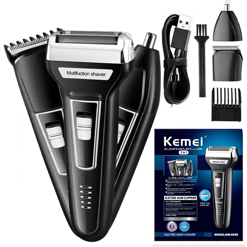 Kemei KM-6558 3-in-1 Professional Electric Hair Clipper & Grooming Kit - Multifunctional Shaver, Nose Trimmer, and Barber Head