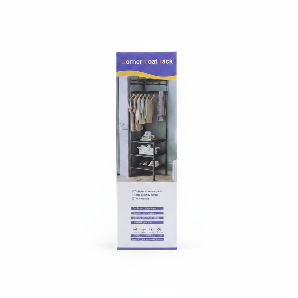 3-in-1 Multi-Functional Corner Coat Rack – Space-Saving 2-Tier Storage Shelves & Hanging Rail