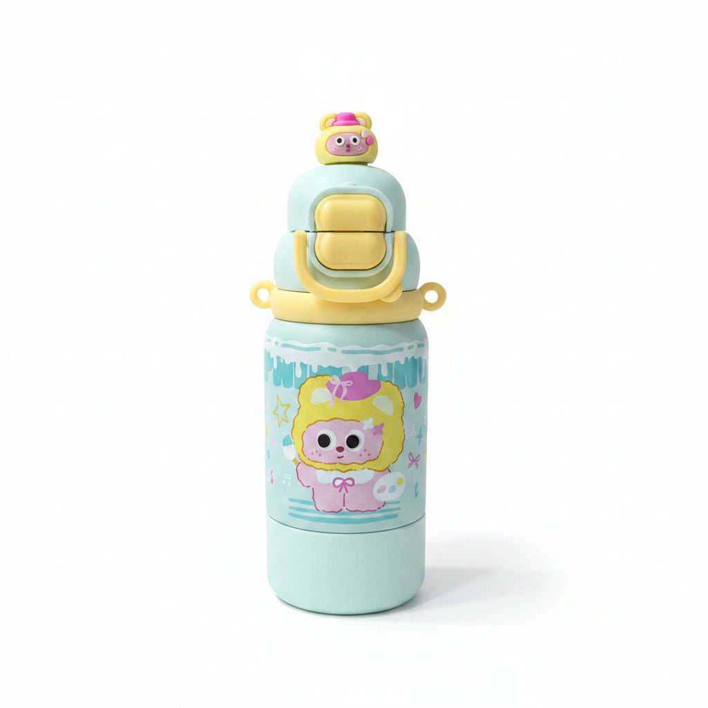 Cartoon Stainless Steel Kids Water Bottle with Built-in Cup 500ml - Blue