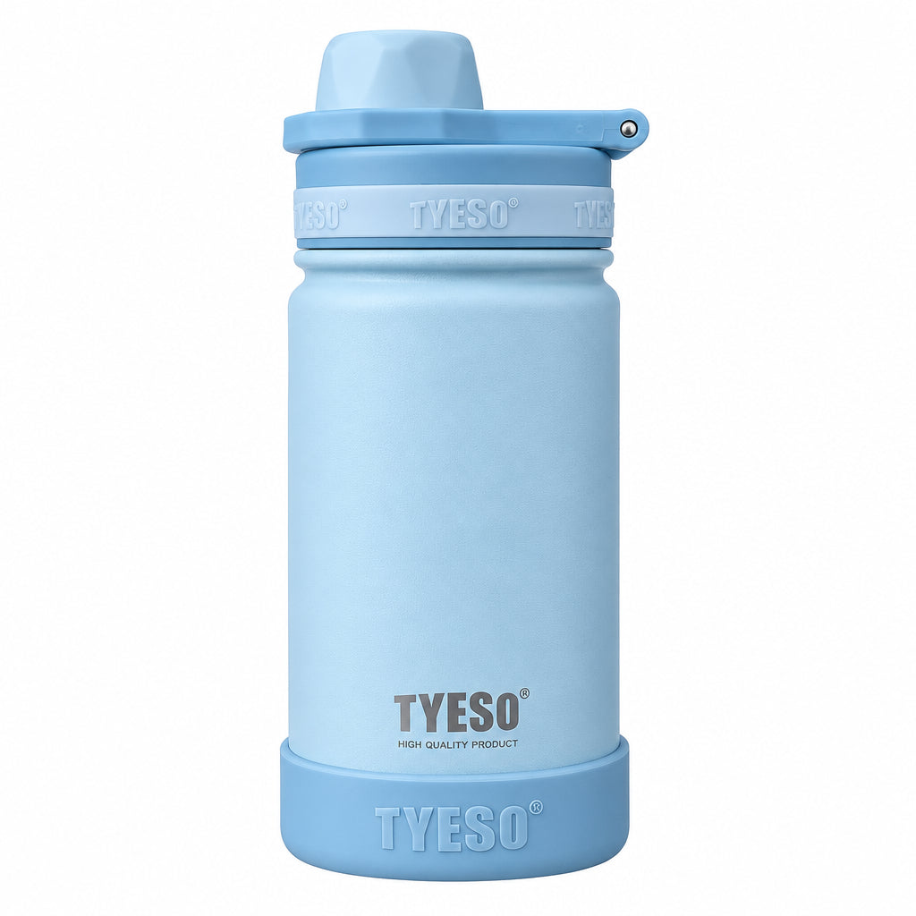 TYESO 420ml Vacuum Insulated Sports Bottle - Double-Wall Stainless Steel Water Thermal Flask with Straw Lid & Anti-Slip Protective Silicone Base for Kids & School