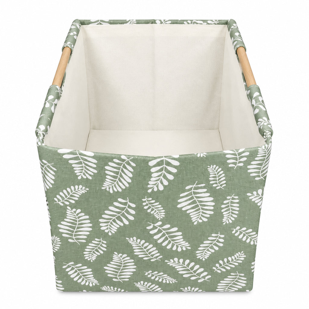 Green Fern Leaf Print Storage Basket – 45L Foldable Fabric Organizer with Wooden Handles