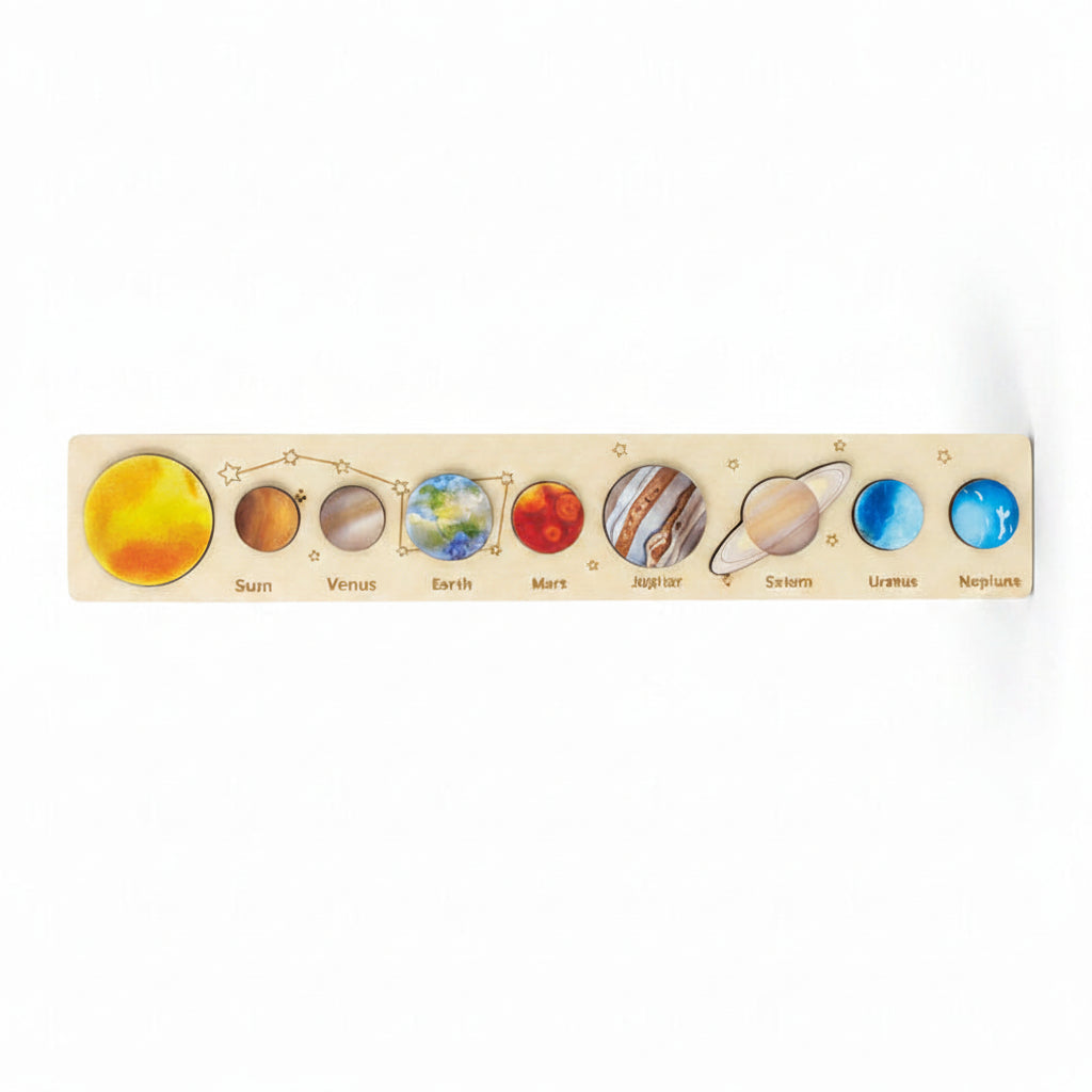 Wooden Solar System Celestial Puzzle Board. Montessori Space & Astronomy Early Learning Sorting Toy for Kids
