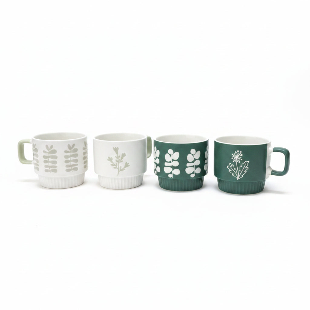 Saida Scandinavian Stackable Botanical Ceramic Mug - Nordic Matte Espresso & Cappuccino Cup, Space-Saving Ribbed Base Single Coffee Mug with Handle tree-lined