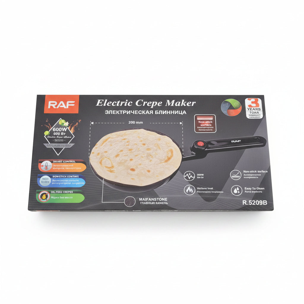 RAF 600W Electric Crepe Maker & Pancake Pan. 20cm Maifan Stone Non-Stick Handheld Dipping Griddle