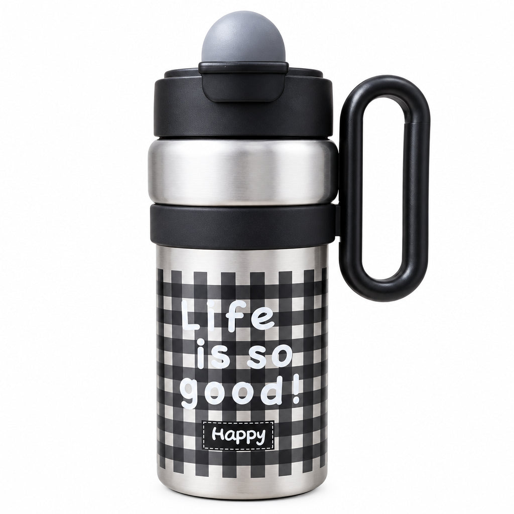 Warm Company 900ml Insulated Vacuum Mug with Handle. Kawaii Cherry Plaid Thermal Travel Tumbler & Straw Bottle