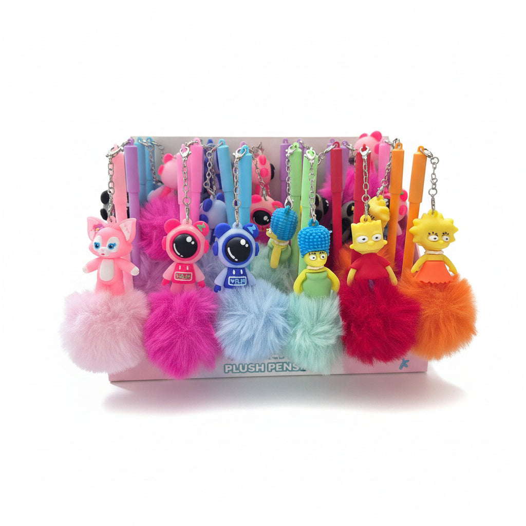 Fluffy Pom-Pom Character Pens – Cute Cartoon & Animal Plush Pendant Ballpoint Pens